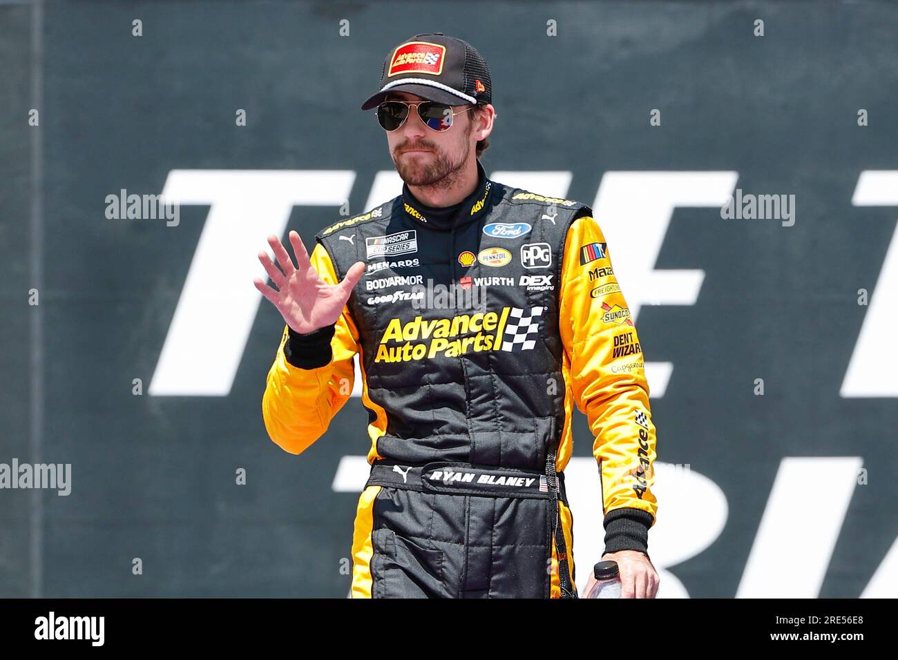 LONG POND, PA - JULY 23: Ryan Blaney (#12 Advance Auto Parts Team Penske  Ford) during driver introductions prior to the NASCAR Cup Series Highpoint  400 on July 23, 2023 at Pocono