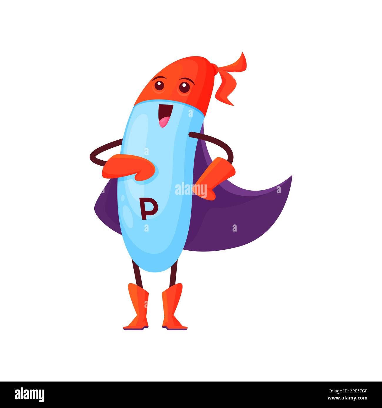 Cartoon vitamin P superhero character. Vector flavonoids pill, fantasy super hero bubble micronutrient defender, comics book personage wear red cape and mask. Capsule supplement for metabolism balance Stock Vector