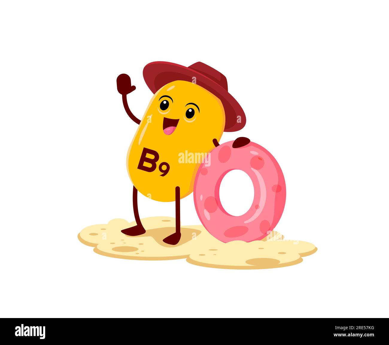 Cartoon vitamin B6 character on beach. Healthy nutrition mineral dragee