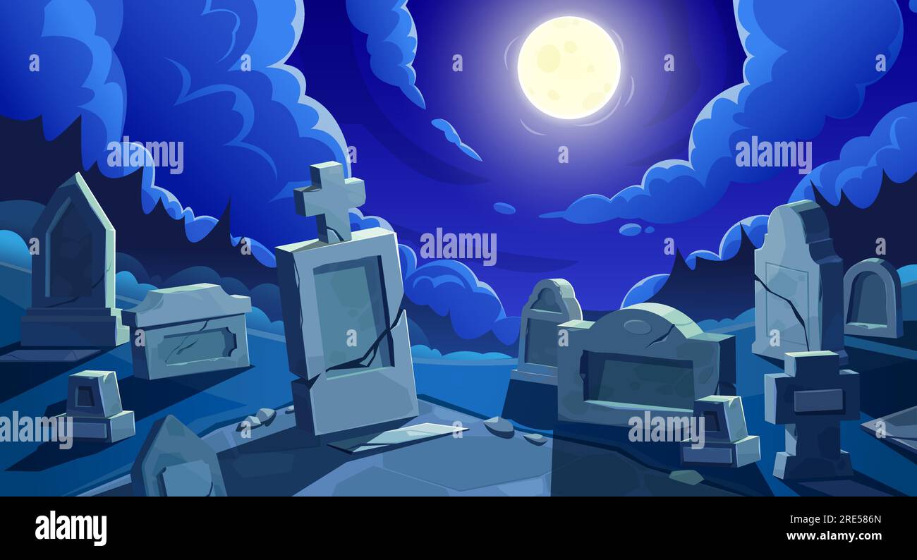 Cemetery at night with full moon, vector graveyard with tombstones and cracked stone crosses. Old creepy grave tombs at nighttime under cloudy sky at twilight. Cartoon memorials at spooky cemetery Stock Vector