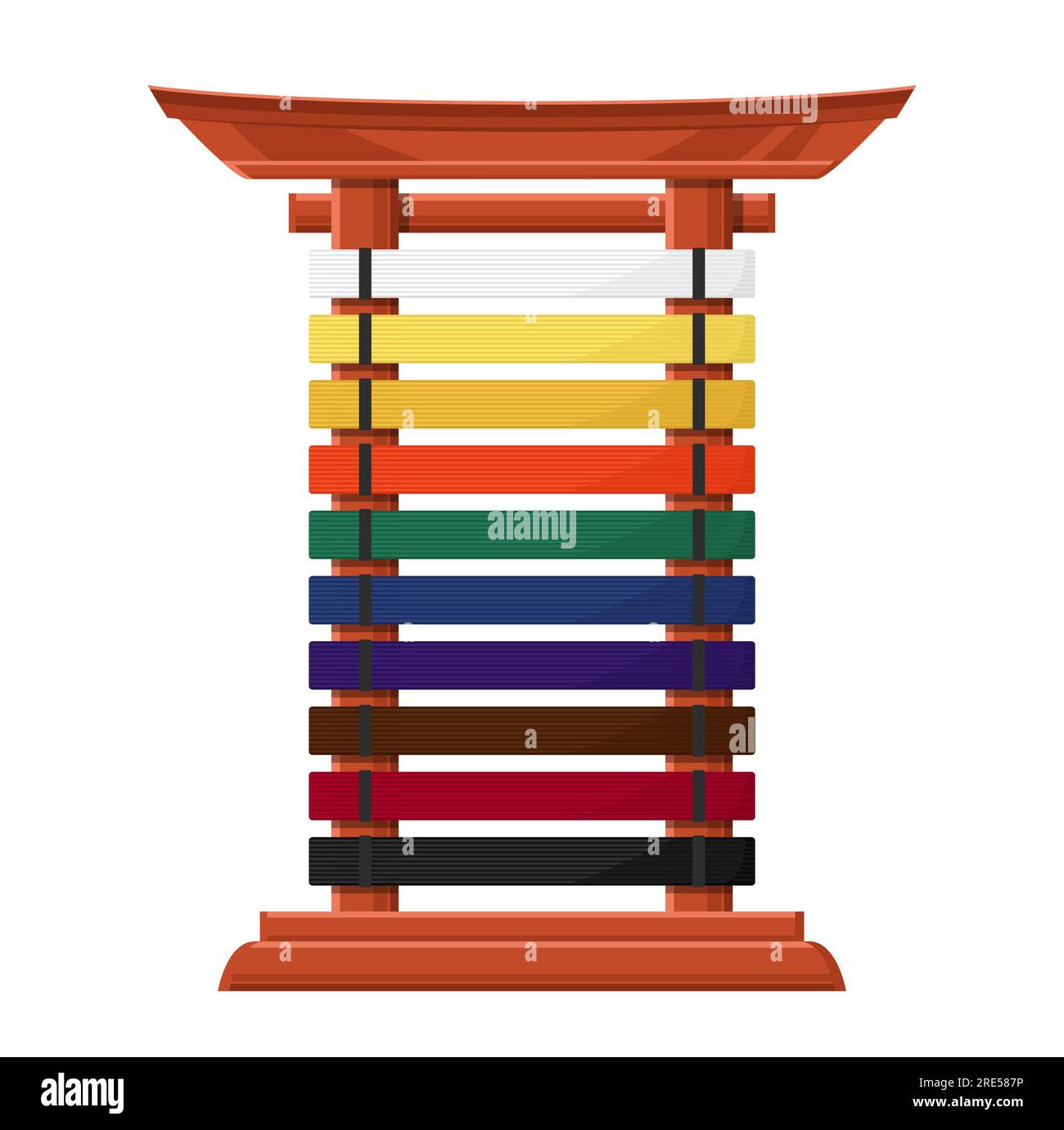 Rack for karate belts isolated vector wooden stand in asian style with multicolored crossbars. Accessory for martial kenpo arts class. Stand for hanging kimono belts, aikido, juijitsu, karate combat Stock Vector