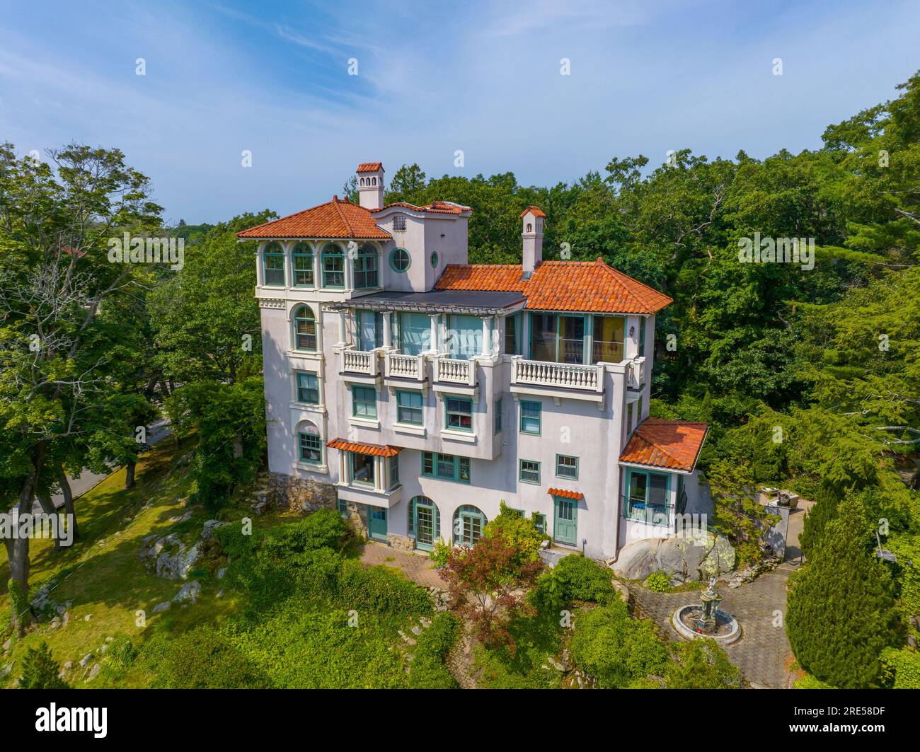 Historic mansion aerial view at White Head at Sandy Cove in Cohasset