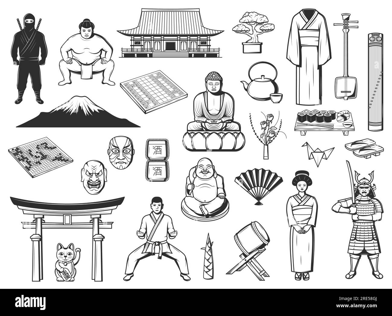 Japanese culture, travel and food sketches. Vector sushi, pagoda temple and lantern of Japan, Asian geisha, bonsai tree and origami, tea set, bamboo and paper fan, fuji mountain and torii gate Stock Vector