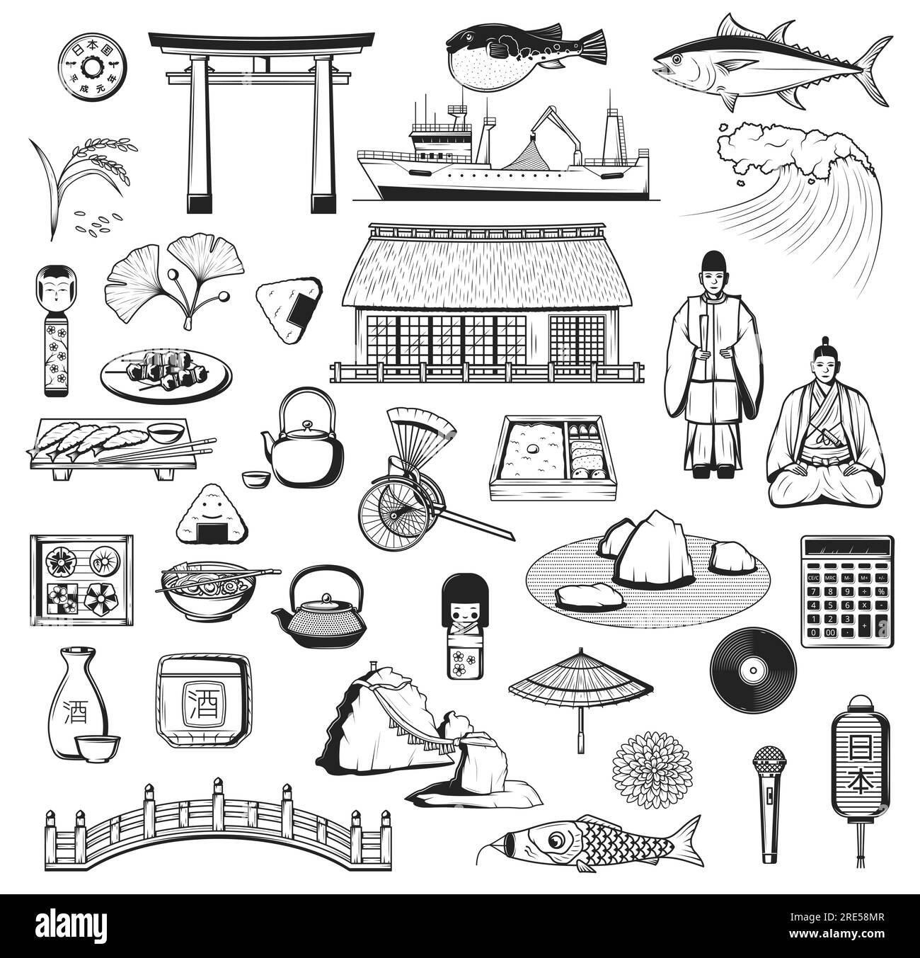 Japanese vector icons with culture, travel and food symbols of Japan. Pagoda, fish and lantern sketches, sake, sushi and umbrella, tea ceremony, torii gate and rice, bridge, wave, carp and samurai Stock Vector