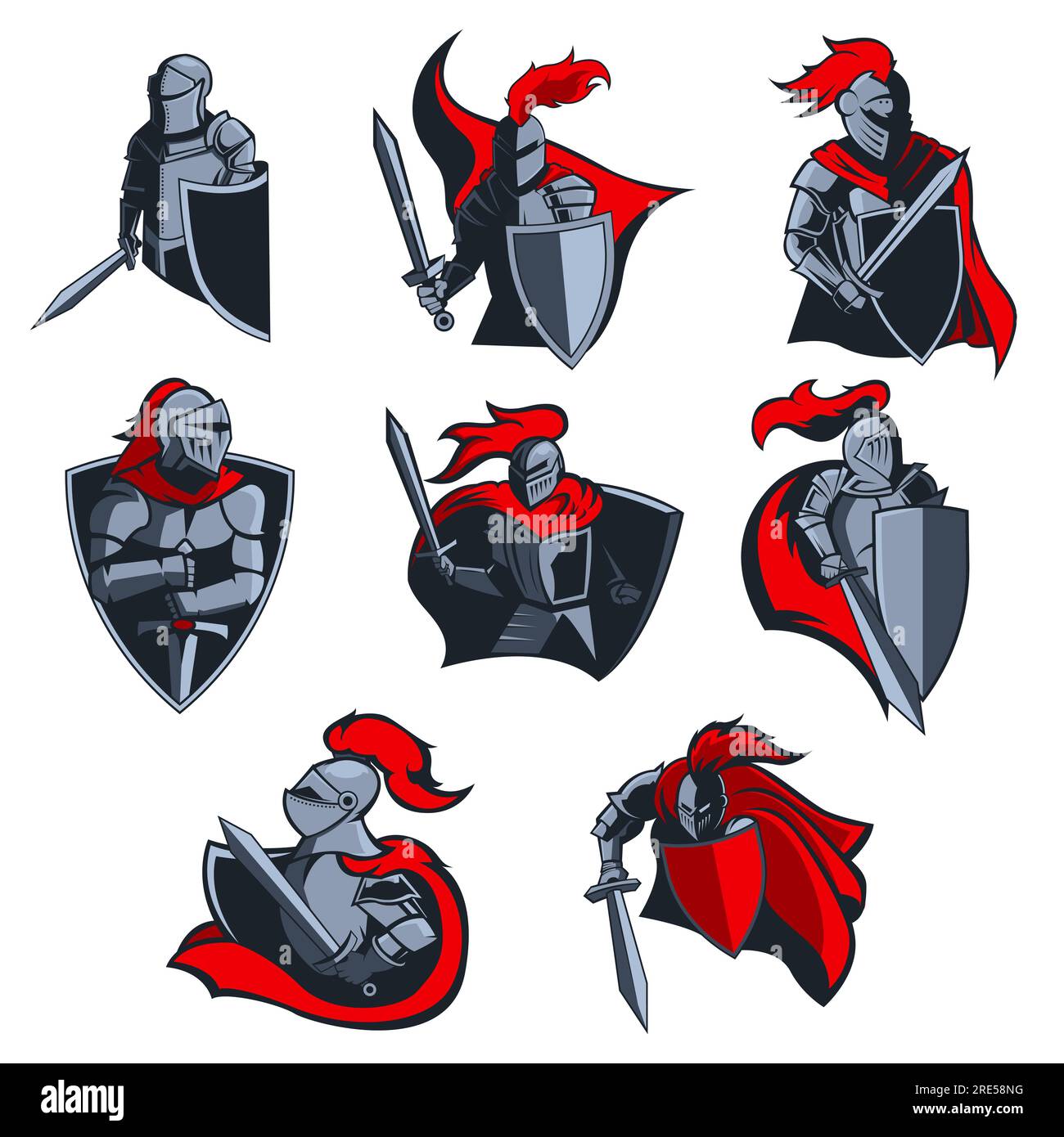 Knight vector icons of medieval warriors with armour helmets, swords and shields, red capes and plumes. Sport team mascot or emblem, heraldic coat of arms design with soldiers and weapons Stock Vector