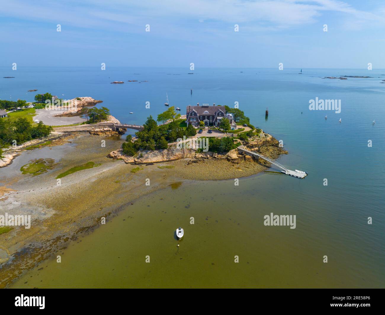 Historic mansion aerial view at White Head at Sandy Cove in Cohasset Harbor, town of Cohasset