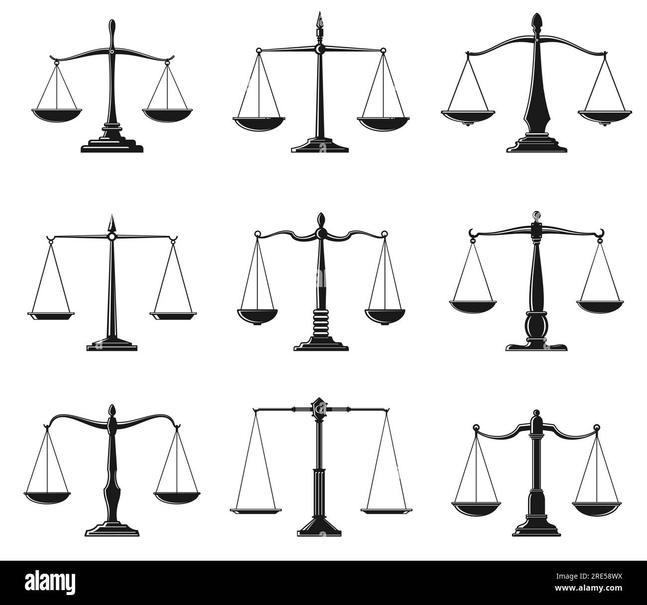 Scales of justice symbols of law balance vector design. Isolated icons of Lady Justice equal balance scales, weight measure instrument of law and order and legal protection themes Stock Vector