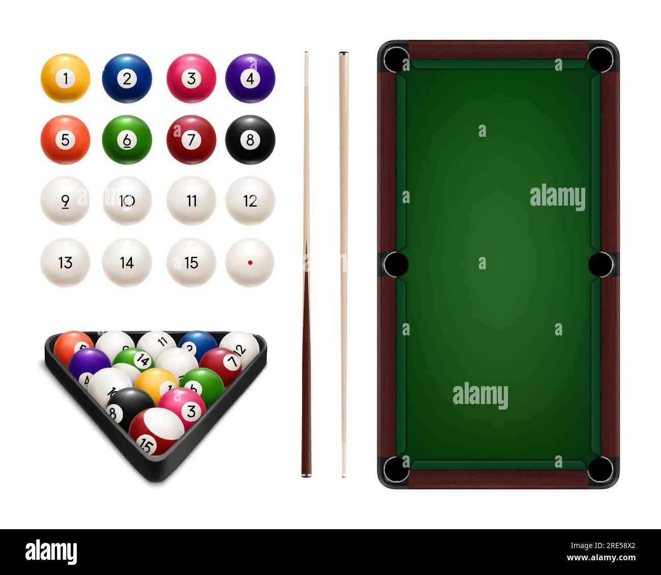 Billiard sport game balls, table, cues and rack realistic vector design of pool and snooker equipment. Pyramid of colorful balls, wooden cue sticks and triangle frame, green table with pockets Stock Vector