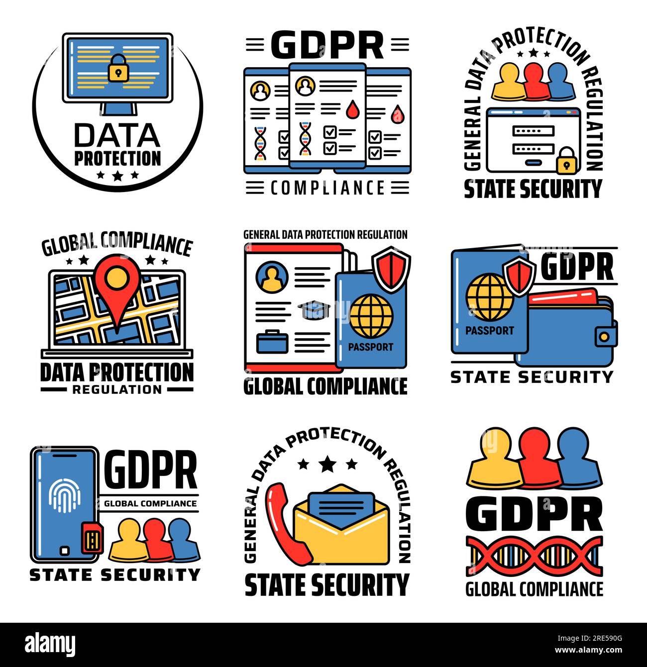 GDPR personal data protection and internet information security, vector icons. GDPR General Data Protection Regulation law on global state security, and personal data access compliance policy Stock Vector