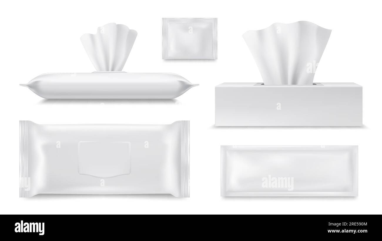 Wet wipes pouch and paper tissue or napkin box, vector realistic