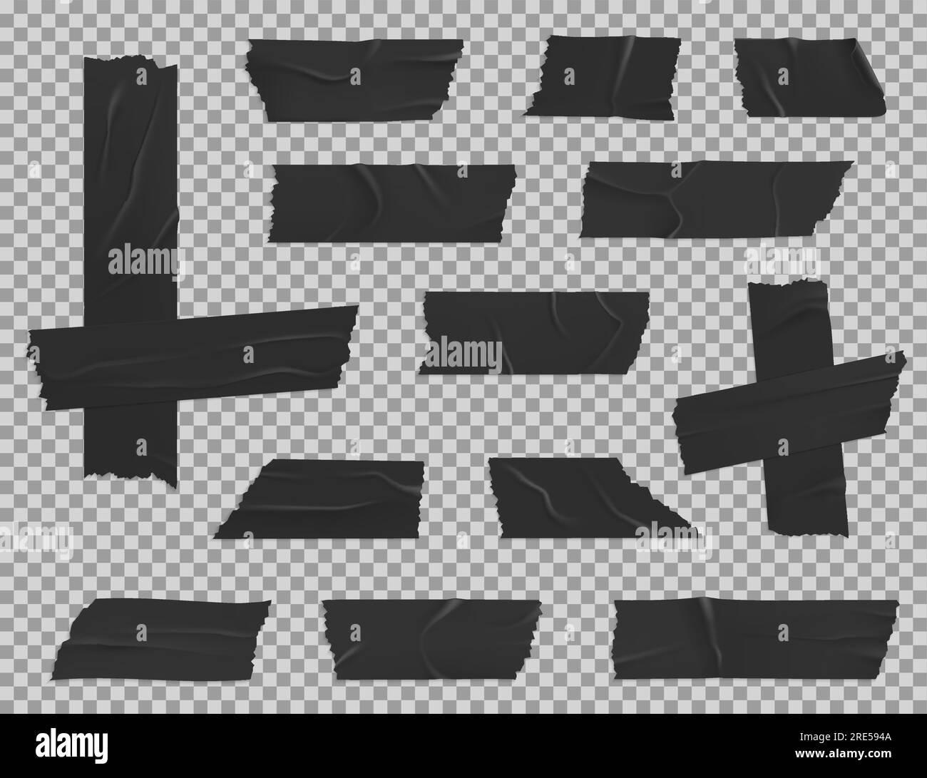 Black adhesive duct tape realistic vector mockup of sticky stripes