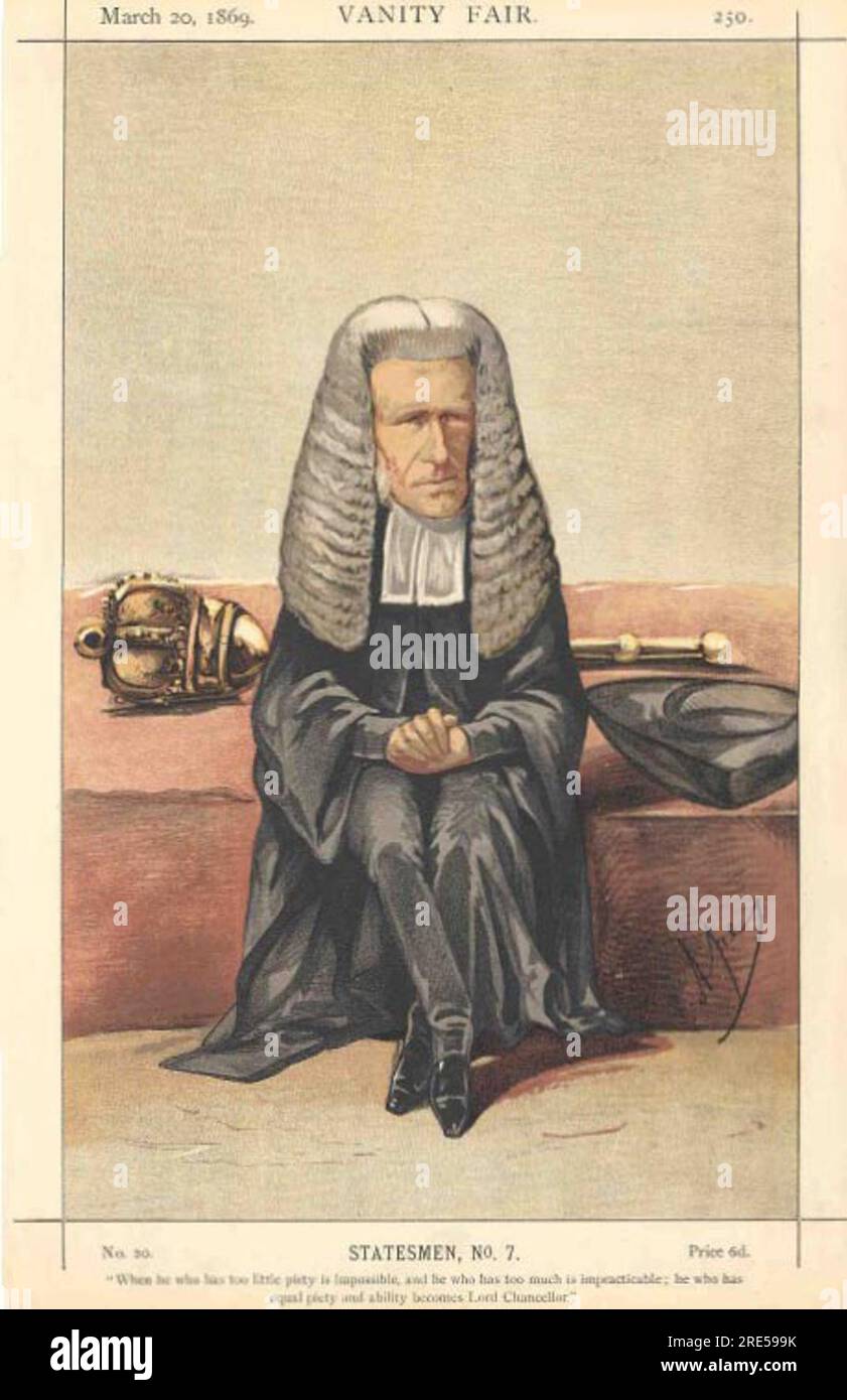 When he who has too little piety is impossible, and he who has too much is impracticable; he who has equal piety and ability becomes Lord Chancellor 20 March 1869 by Carlo Pellegrini Stock Photo