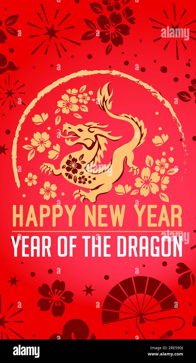 Happy Chinese New Year 2024, year of the dragon, red and gold paper