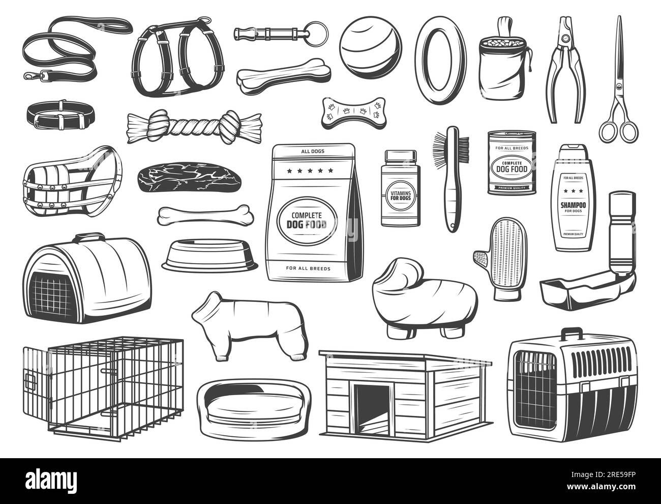 Dog animal care supply isolated icons of pet shop vector design. Dog or