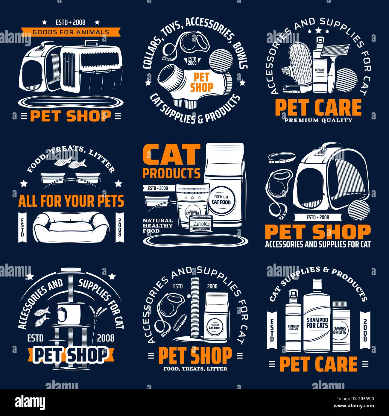Pet shop supplies for cat animal care isolated vector icons. Cat food, toy and bed, grooming accessory, brush, carrier and house, scratching post, feeding bowl, litter, harness and leash symbols Stock Vector