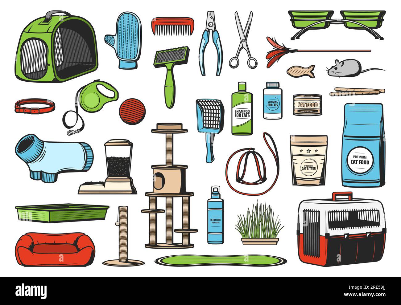 Pet care supplies for cats vector icons. Food grooming brush and glove accessories toys stand house