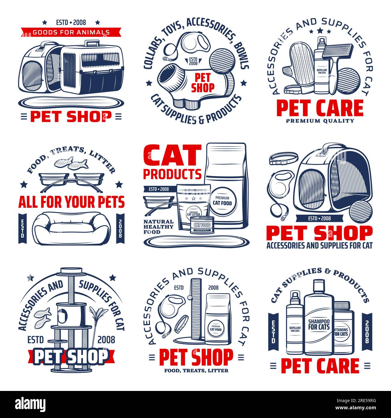 Pet shop isolated vector icons with cat care supplies. Cat animal food, grooming accessory and toy, stand house, feeding bowl, carrier, collar and leash, scratching post and shampoo emblems design Stock Vector