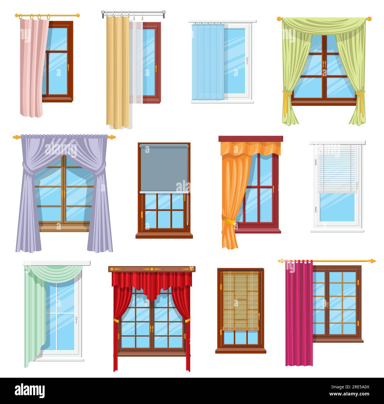 Window curtains, draperies, roller blinds and shades, vector home interior and window treatments design. Flat panel, tab top and sash curtains with rods and valances, vertical, venetian, roman blinds Stock Vector