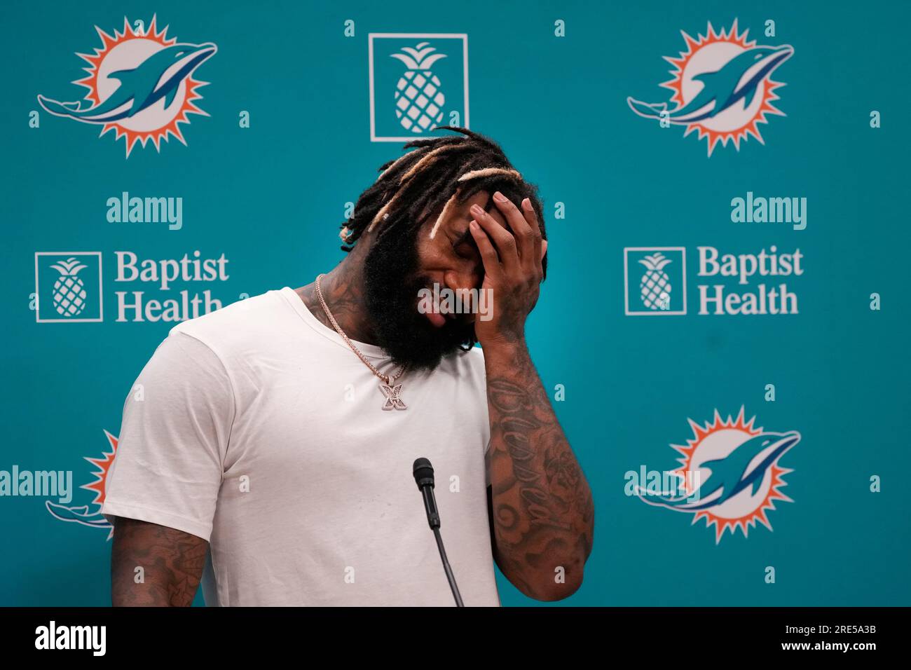 Miami Dolphins cornerback Xavien Howard reacts to a question during a