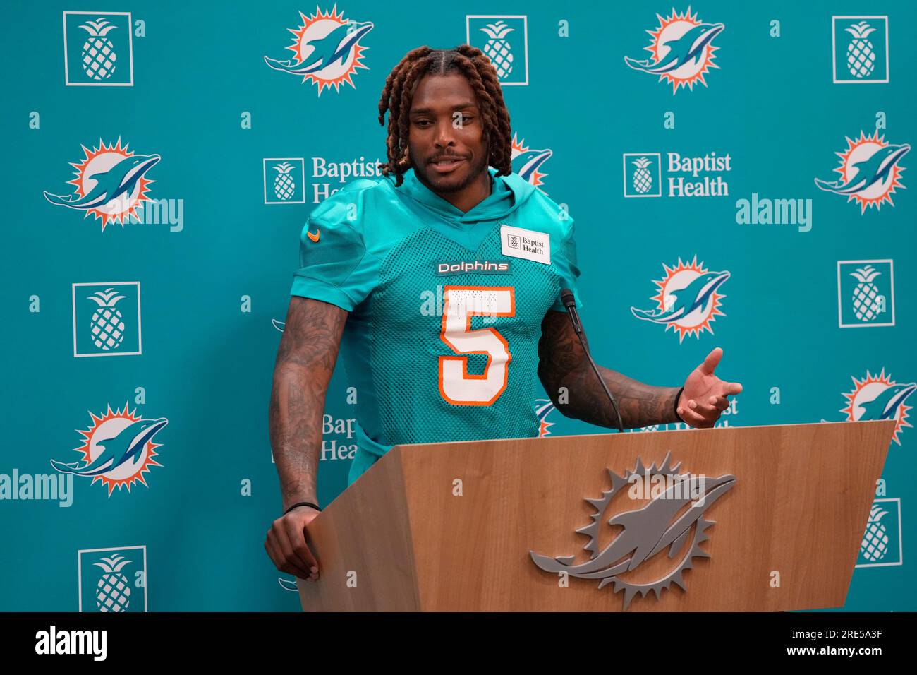 Miami Dolphins cornerback Jalen Ramsey speaks during a news conference