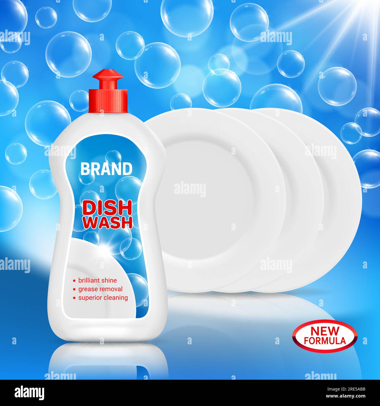 Dish wash liquid soap and clean dishes realistic vector mockup