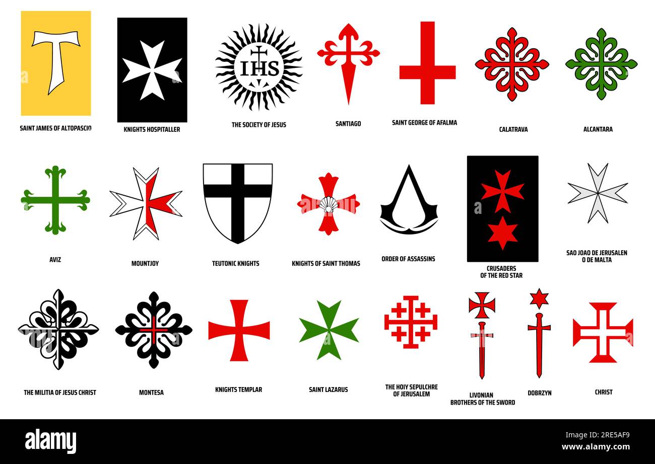 Orders of chivalry vector design of military and religious orders of knights. Medieval knights heraldic emblems with crosses, fleur-de-lis, swords and shields, sun and stars, heraldry themes Stock Vector