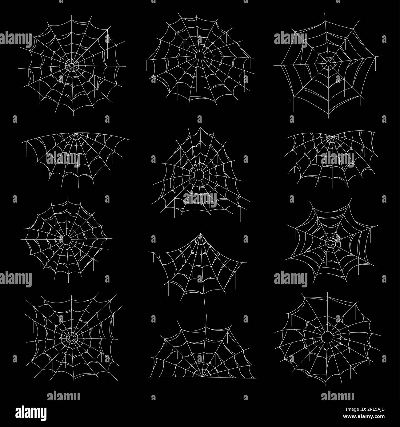 Spider web and net vector icons on black background, Halloween horror holiday. Cobwebs and spiderwebs with white silk circular nets and spiral orb webs, trick or treat party decoration design Stock Vector