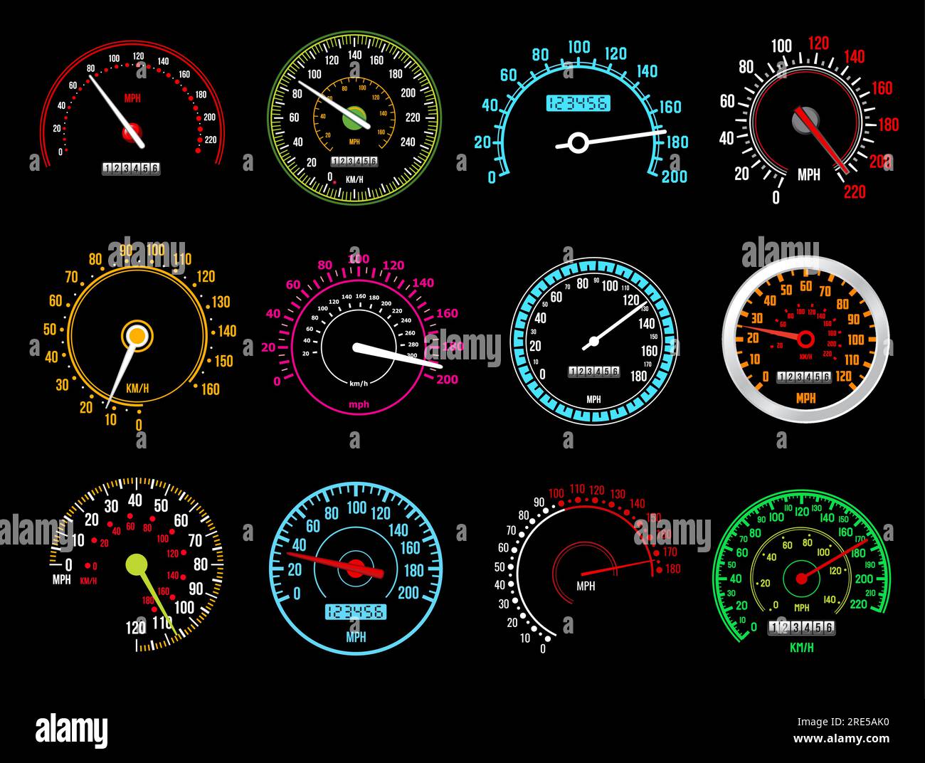 Speedometers, speed indicator vector dashboard dial scales for auto