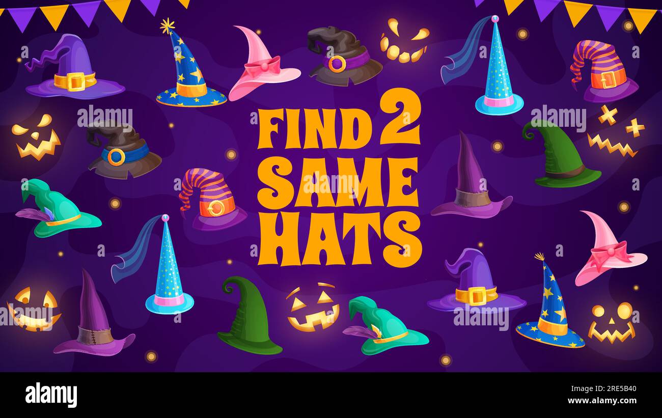 Find two same wizard and witch hats kids riddle. Vector maze game with Halloween magician caps for children educational activity. Cartoon boardgame worksheet with fairytale headwear and pumpkin faces Stock Vector