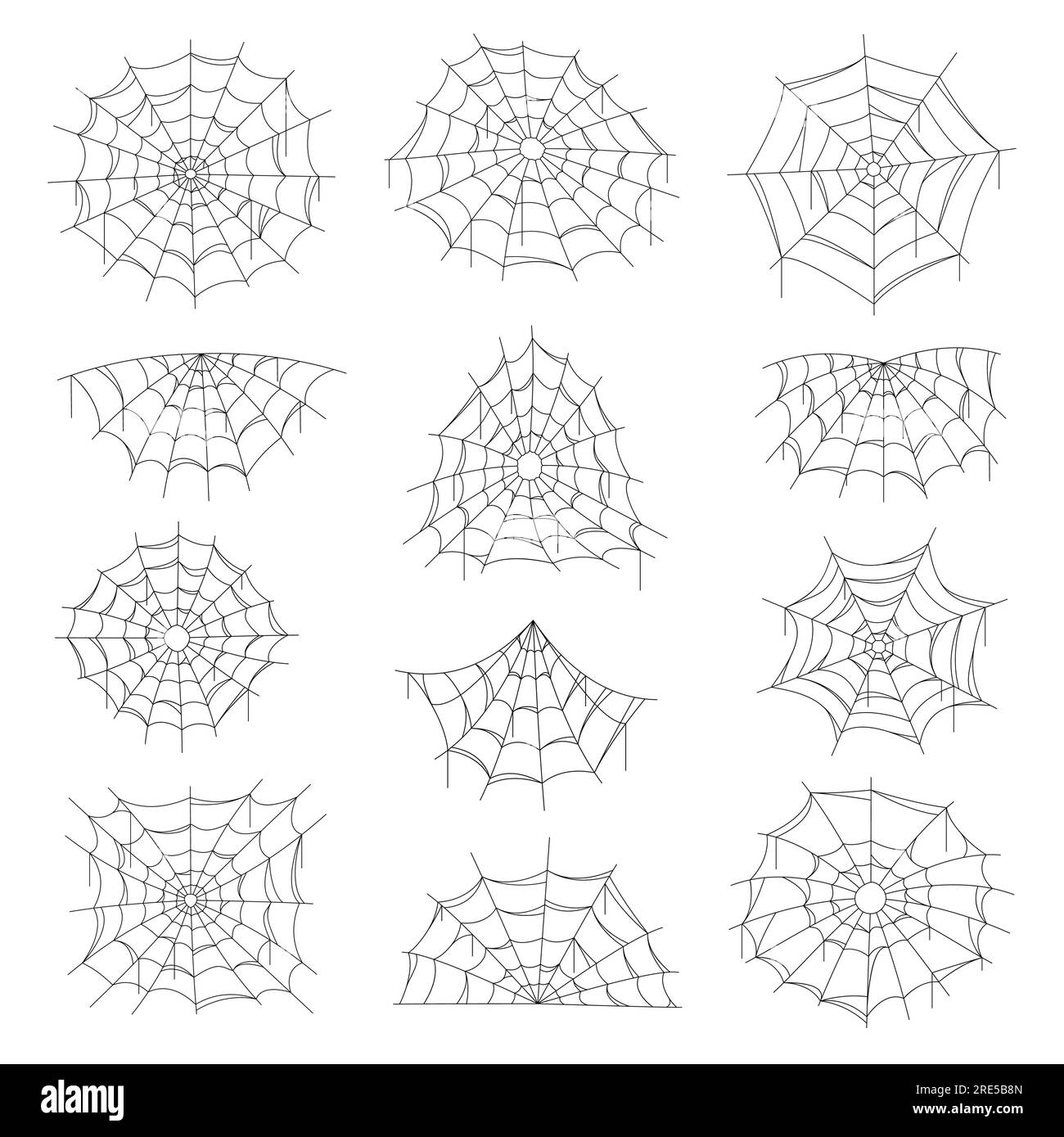 Cobweb and spider web Halloween isolated net. Vector spiderwebs of round, corner and half shape. Spooky, scary design elements for greeting cards or party decoration, insects trap monochrome decor set Stock Vector