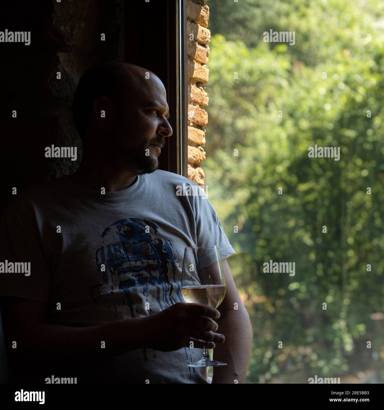 Worried middle-aged man with a glass of white wine in his hand illuminated by a dim evening light looking out a window of a rural house with green tre Stock Photo