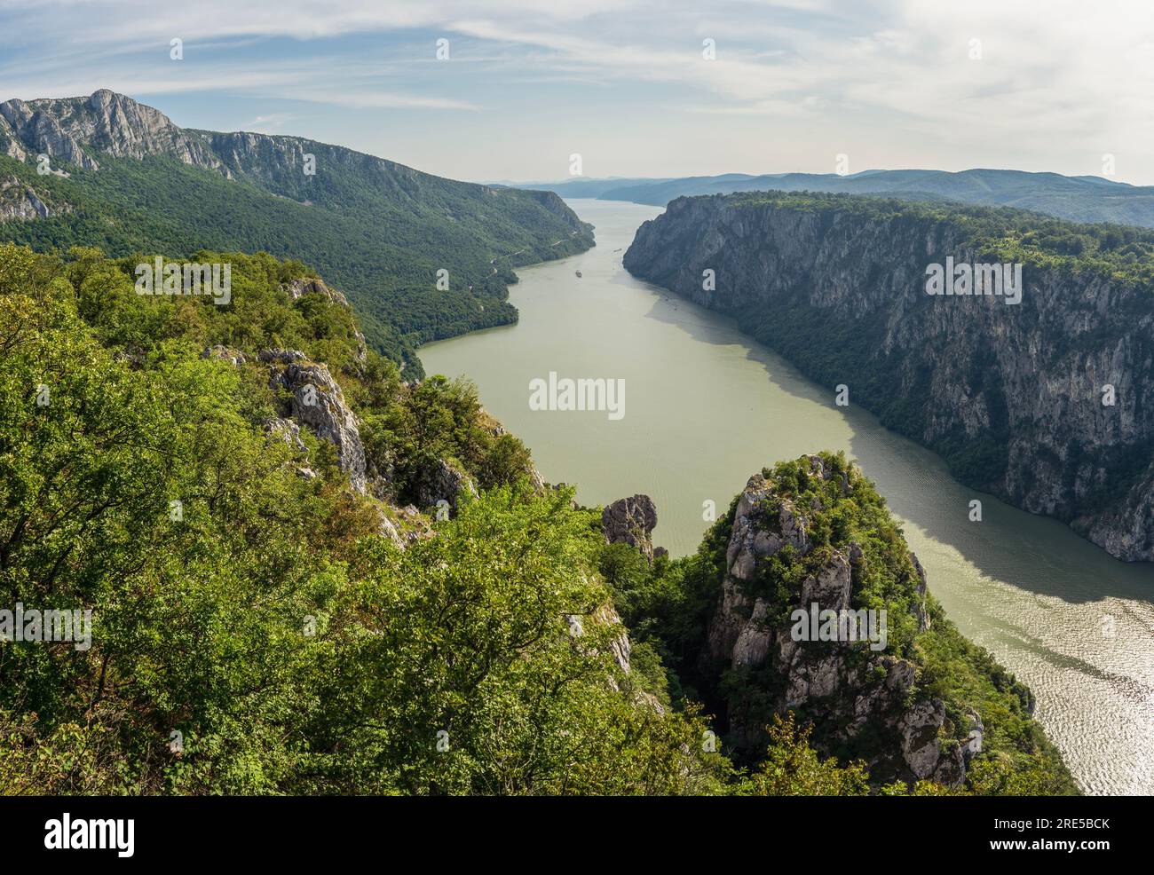 Djerdap National Park view from the Ploce viewpoint, where the Danube is the narrowest and deepest, on the left you can see the peaks of Miroc Veliki Stock Photo