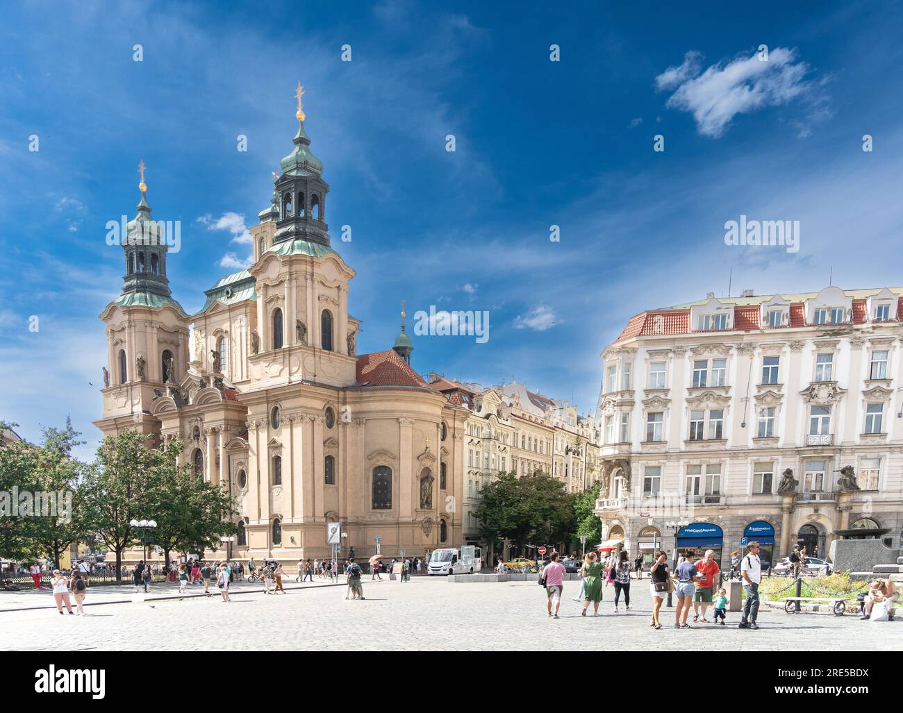 Prague, Czech - 06.26.2023: Ministry of Industry and Trade, Vltava river , boats, Czech Republic Stock Photo