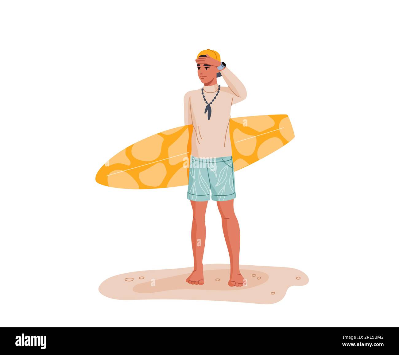 Young guy with surfboard. Teenager boy surfer flat vector character standing on beach, holding surfboard and looking into distance with hand at forehead. Summer travel and vacation surfing activity Stock Vector