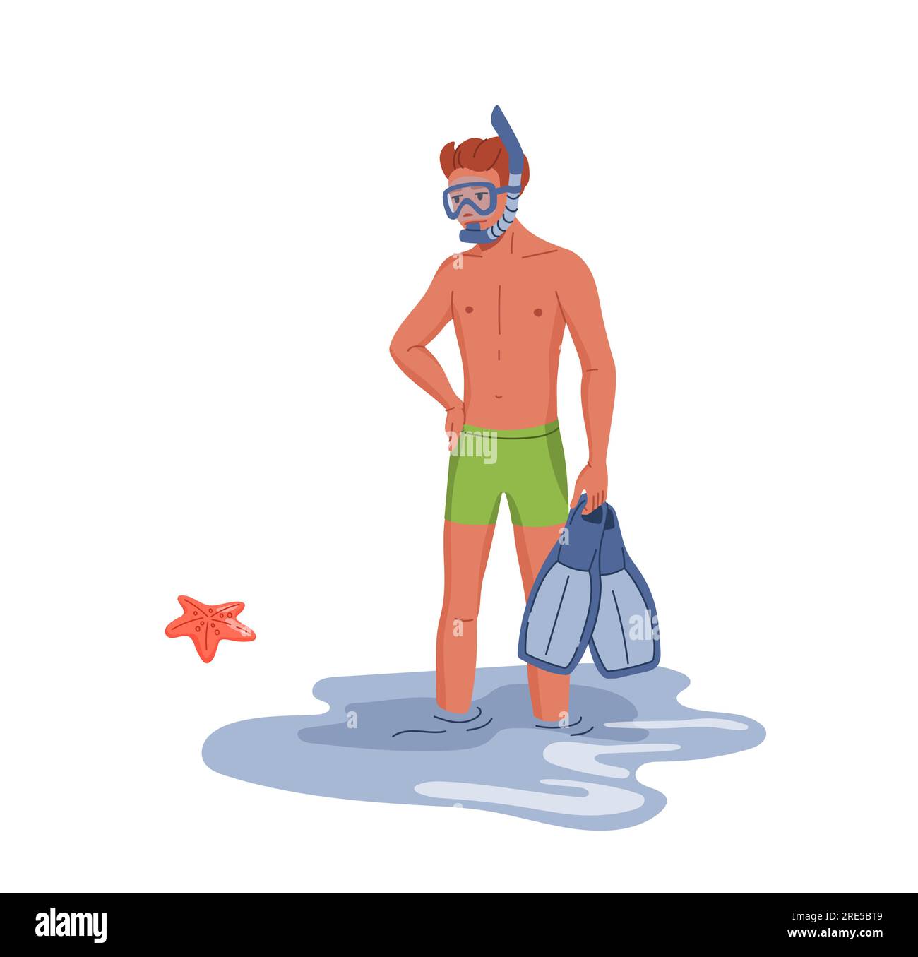 Young diver in fins. Man wearing diving mask and snorkel, guy holding flippers while standing in water on beach or seacoast. Diver flat vector character with snorkeling equipment Stock Vector