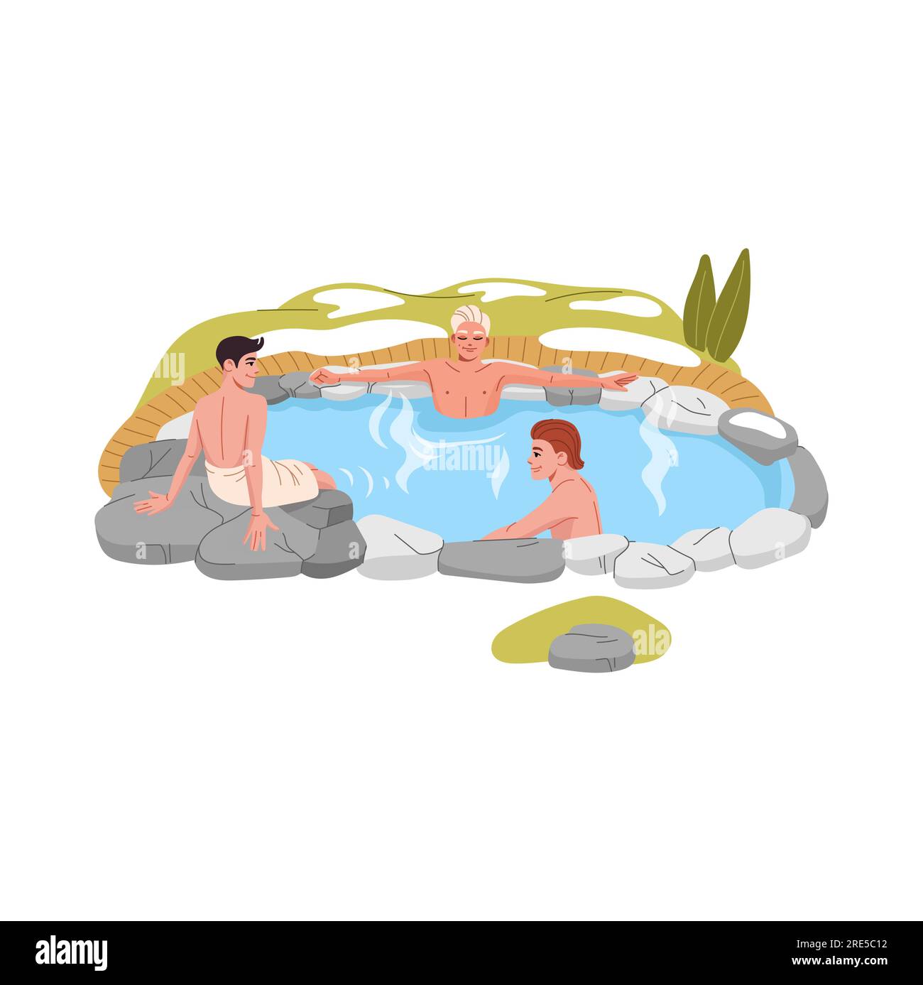 Japan onsen hot spring bath, cartoon young men relaxing in thermal pool with rocks, hot water and steam. Vector japanese spa bath tub, outdoor sauna winter pool of geothermal spring with wood pathway Stock Vector