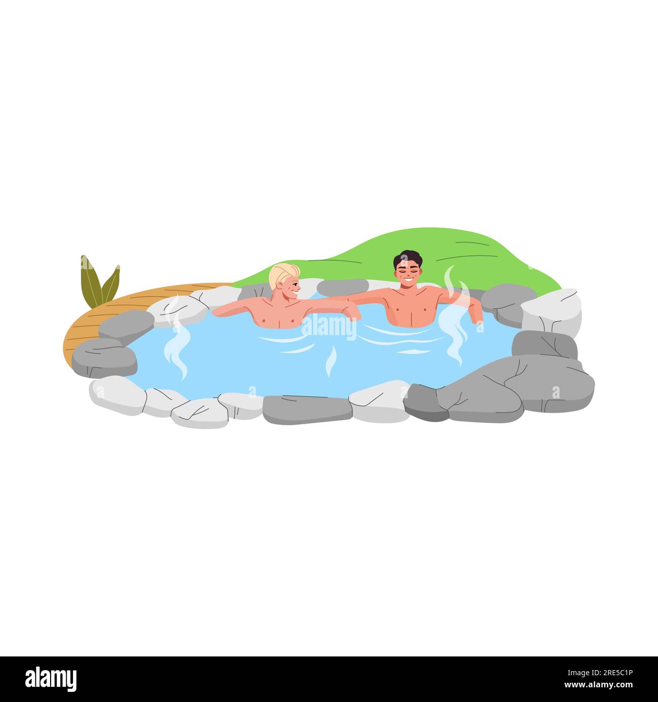 Japan onsen with hot spring bath. Cartoon young men relaxing in vector thermal pool of japanese spa hotel with hot water, steam, rocks and wood pathway. People visiting outdoor sauna, geothermal onsen Stock Vector