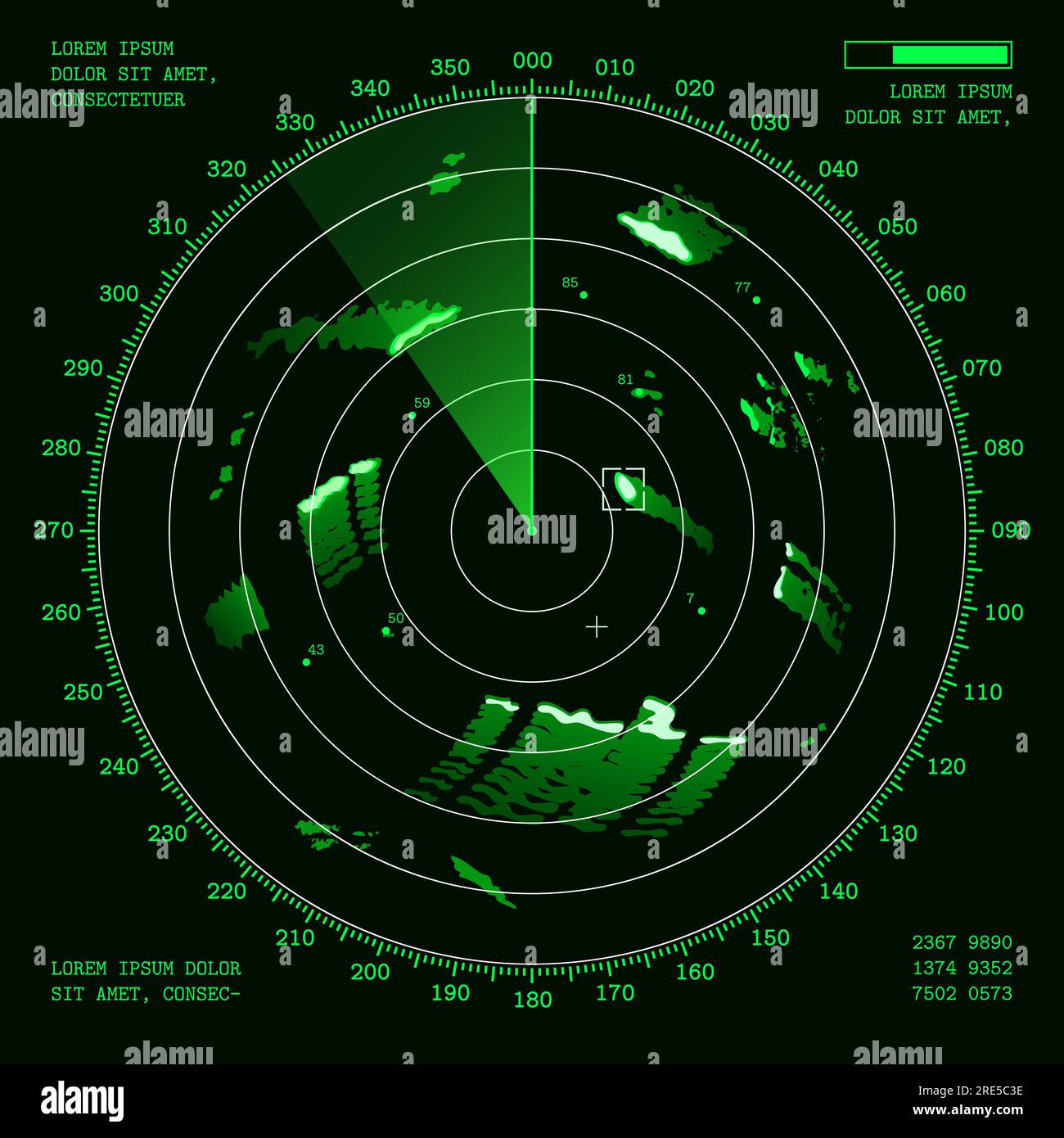 Ship radar screen or military sonar digital display with vector targets and submarine traffic tracks, nautical navigation technology. Scanning system green monitor with scanner axis, detected objects Stock Vector