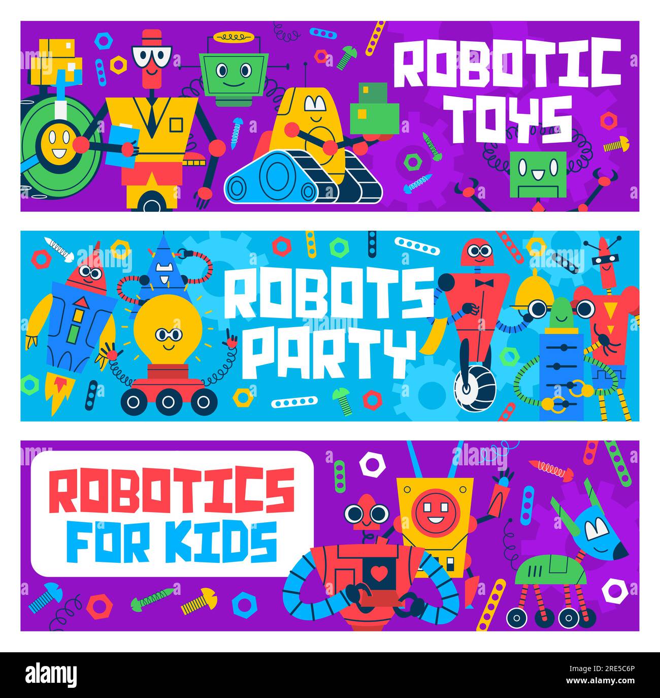 Cartoon robots and droids kids toys, cute space machine characters. Vector vintage android computer assistant, metal humanoid cyborg, robotic dog, robot rocket, spaceman and waiter, kids party invite Stock Vector