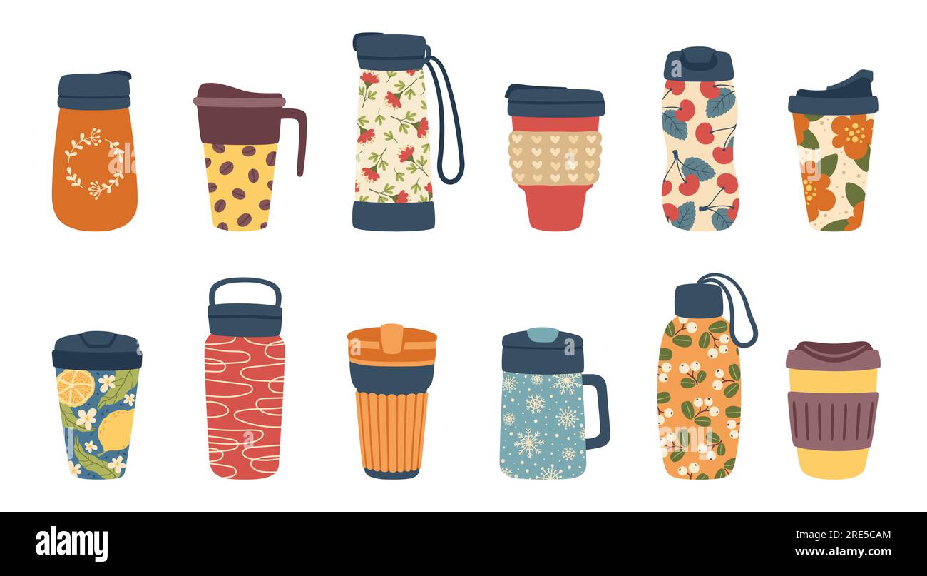 Reusable thermo mugs tumblers and thermal coffee cups, vector icons