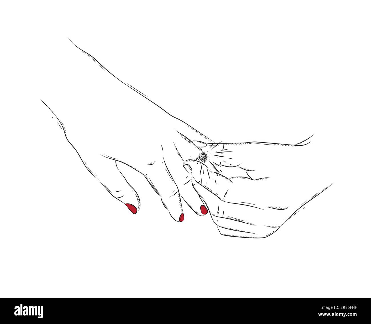 Hand of man wearing wedding ring on woman finger drawing on white