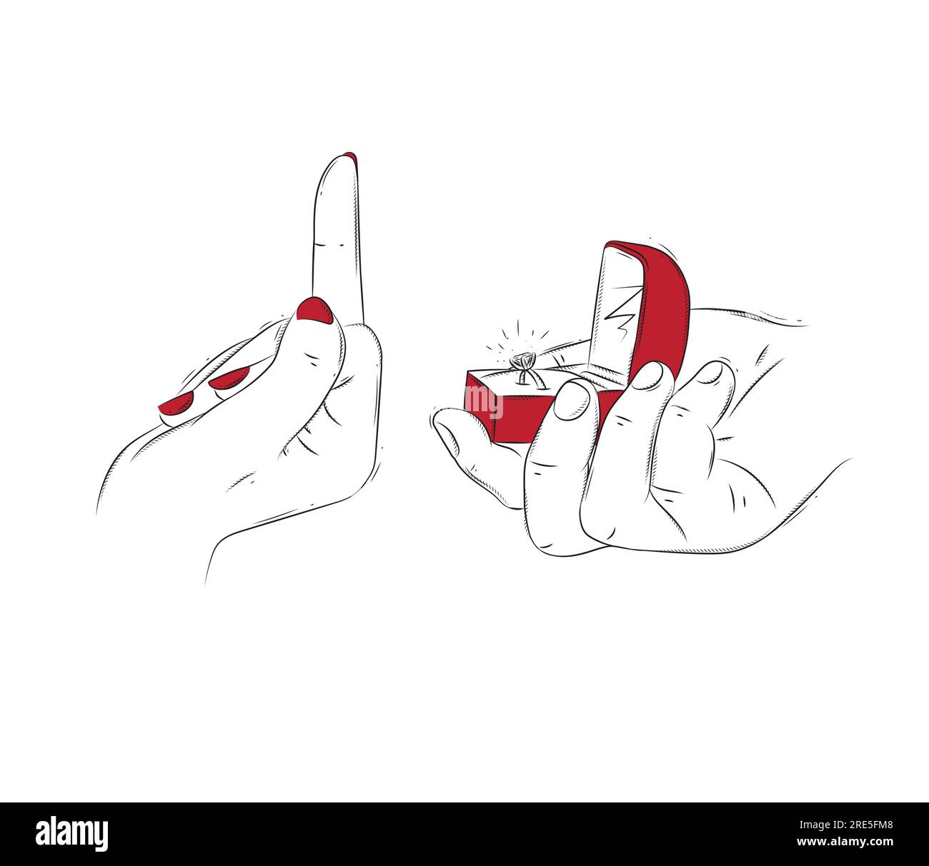 Woman hand hard reject marriage proposal with ring in jewelry box