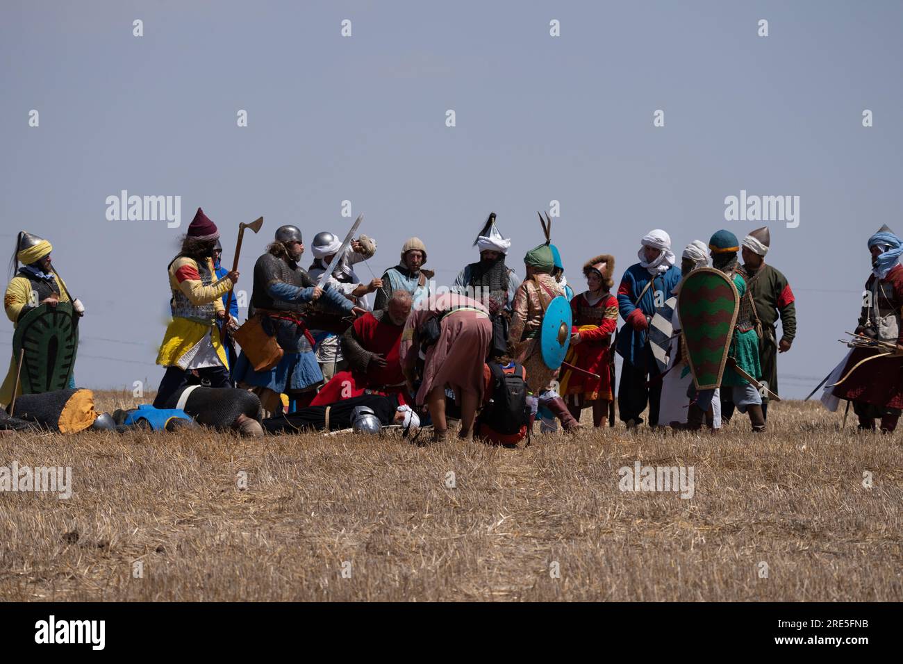 Reenactment of the Battle of Horns of Hattin.Clad in 12th century-style clothing, members of knights clubs reenacted the battle, also known as the Hor Stock Photo