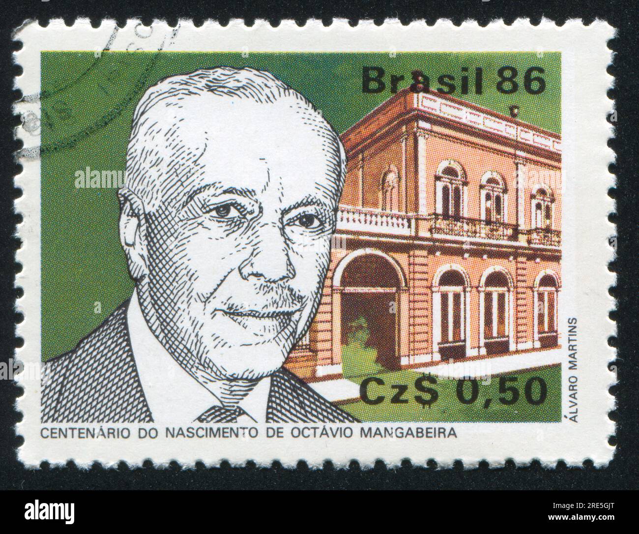 BRAZIL - CIRCA 1986: stamp printed by Brazil, shows  Octavio Mangabeira statesman and Itamaraty Palace Rio de Janeiro, circa 1986 Stock Photo