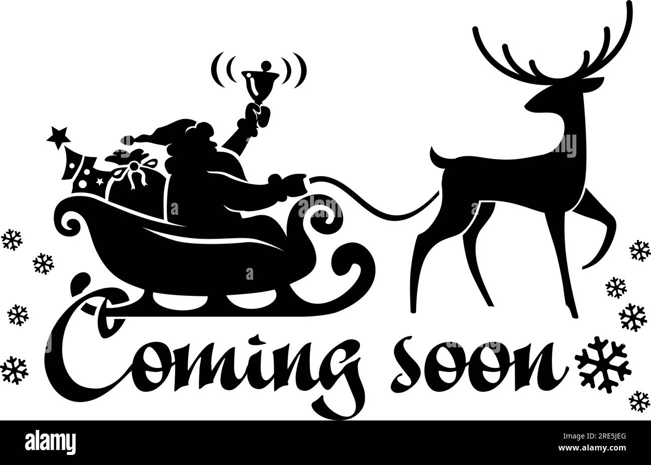 Silhouette of Santa Claus in sleigh with Christmas tree and gifts ...
