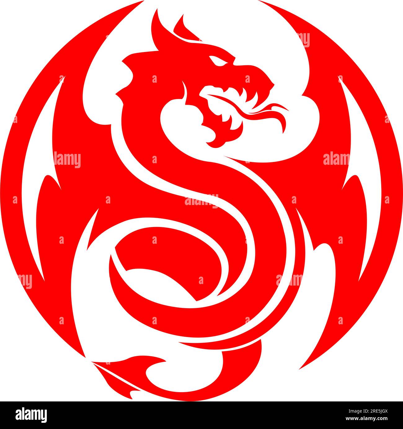 Winged fire breathing dragon silhouette circle icon. Vector on transparent background Stock Vector