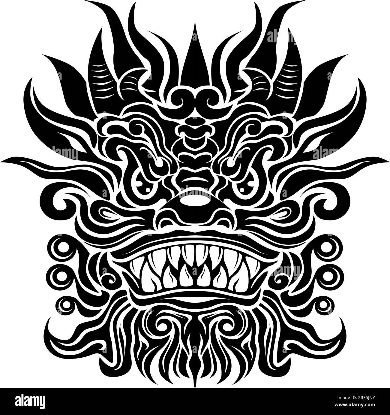 Traditional chinese dragon face for tatoo, 2024 symbol year. Vector on