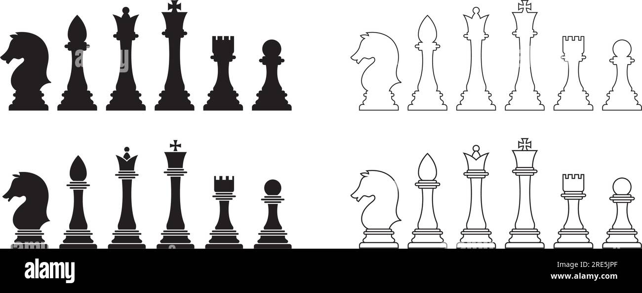 Chess icon set. linear and black chess pieces. Vector illustration ...