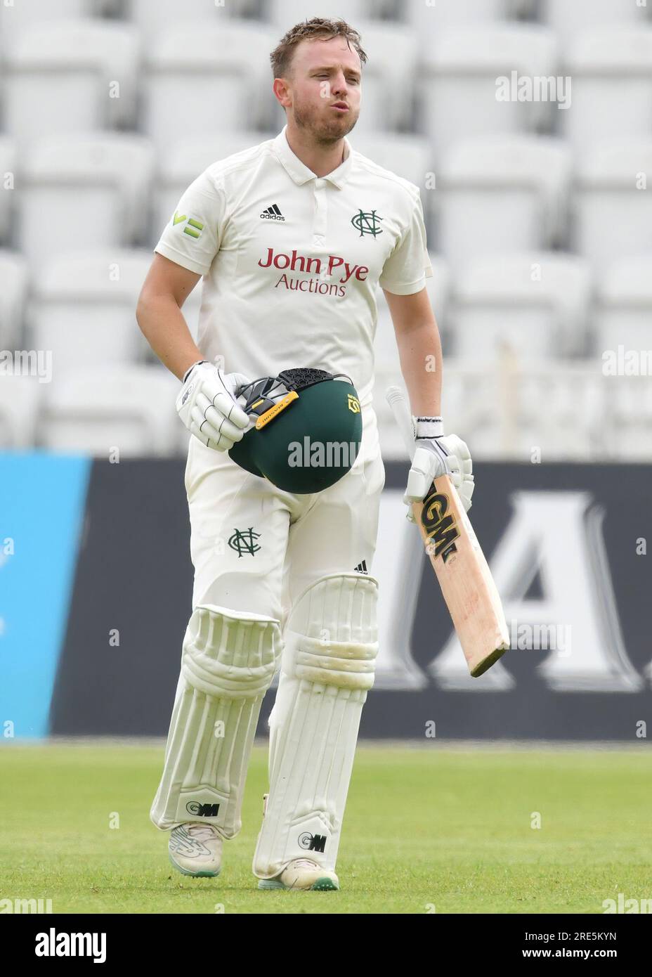 25 July 2023 - Trent Bridge Cricket Ground, Nottingham.  Event: LV Inter County Championship: Notts  CCC v Kent CCC Caption: SLATER Ben (Nottingham CCC) celebrates his Century Run.  Picture: Mark Dunn/Alamy Live News (Events) Stock Photo