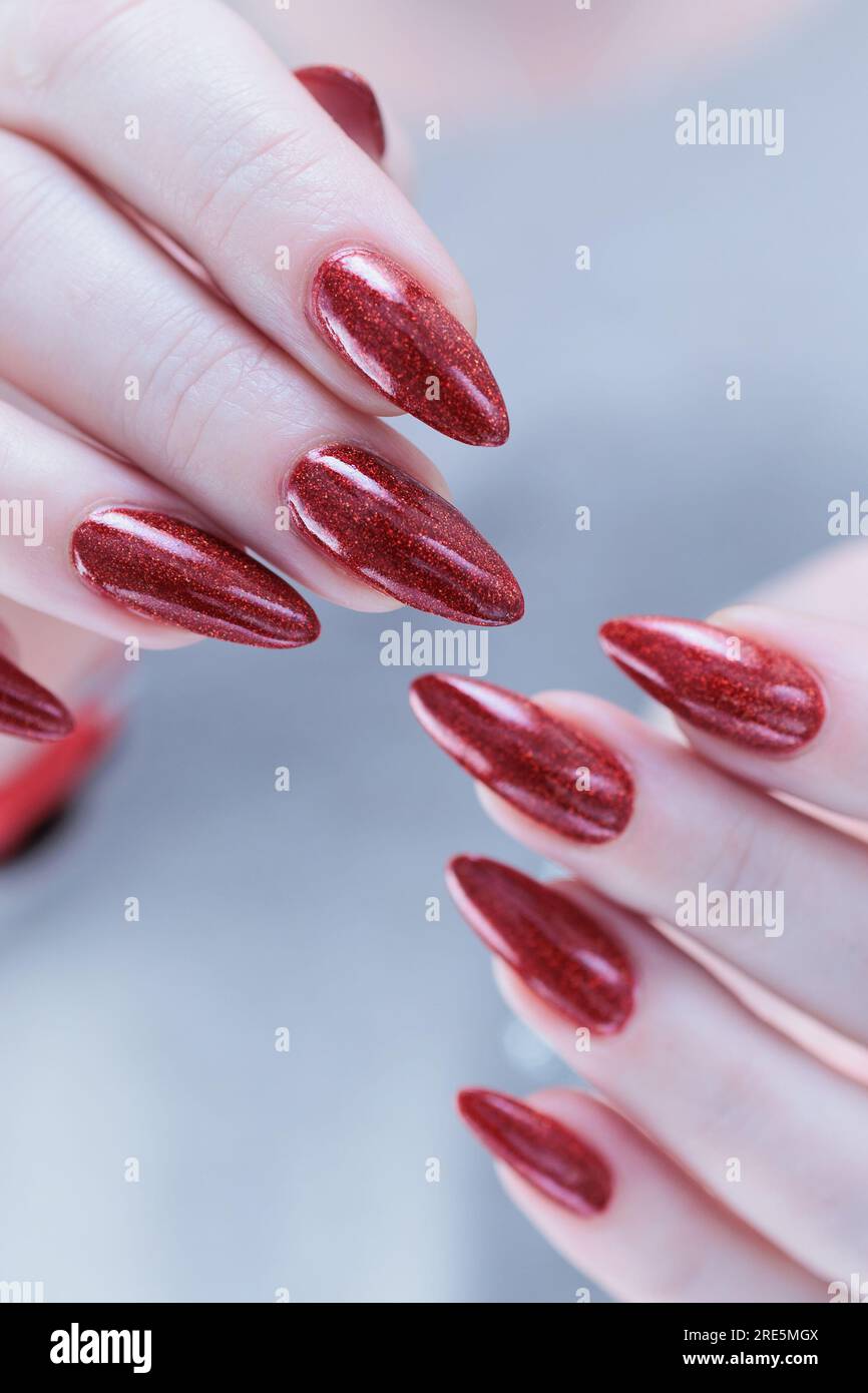 Woman Hand with Long Nails and a Dark Red Burgundy Nail Polish Stock Image  - Image of decoration, bottle: 257745429